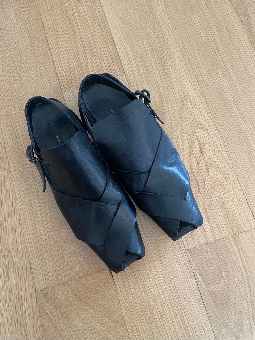 Japanese Black Leather Peep-Toe Slingback Flats